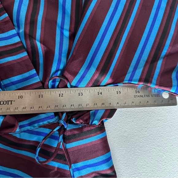 I.N.C Wrap Blouse Long Sleeves Maroon & Blue Stripes Woman’s Small Satin Blouse - Picture 7 of 8